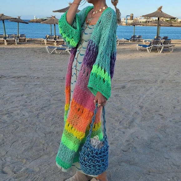 Multicolor Boho Women's Handknitted Bell Sleeve Crochet Kimono Cardigan - Picture 3 of 5